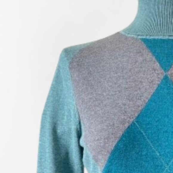 Y2K Argyle Turtleneck Sweater – Teal & Gray Cotton, Preppy Retro- Not worn - Picture 12 of 13
